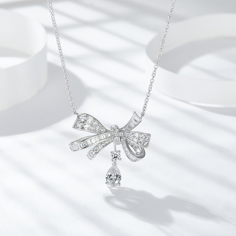 Clara Sterling Silver and Moissanite Pave Bow Pendant