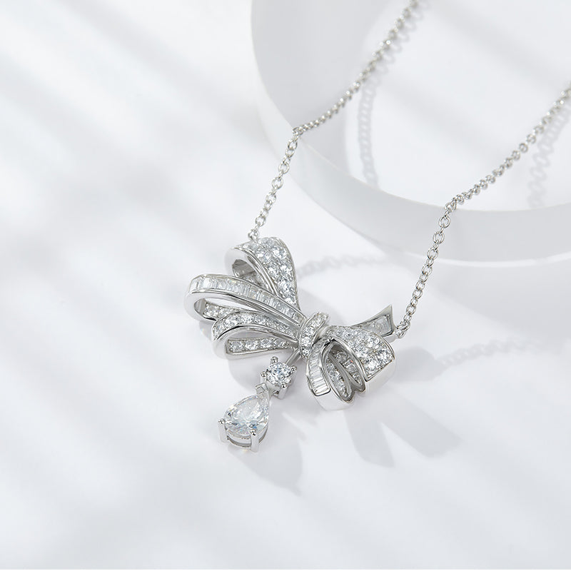 Clara Sterling Silver and Moissanite Pave Bow Pendant